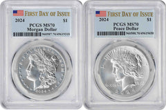 2024 Morgan and Peace Silver Dollar 2-Coin Set MS70 First Day of Issue PCGS-1