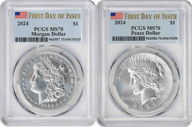 2024 Morgan and Peace Silver Dollar 2-Coin Set MS70 First Day of Issue PCGS-1