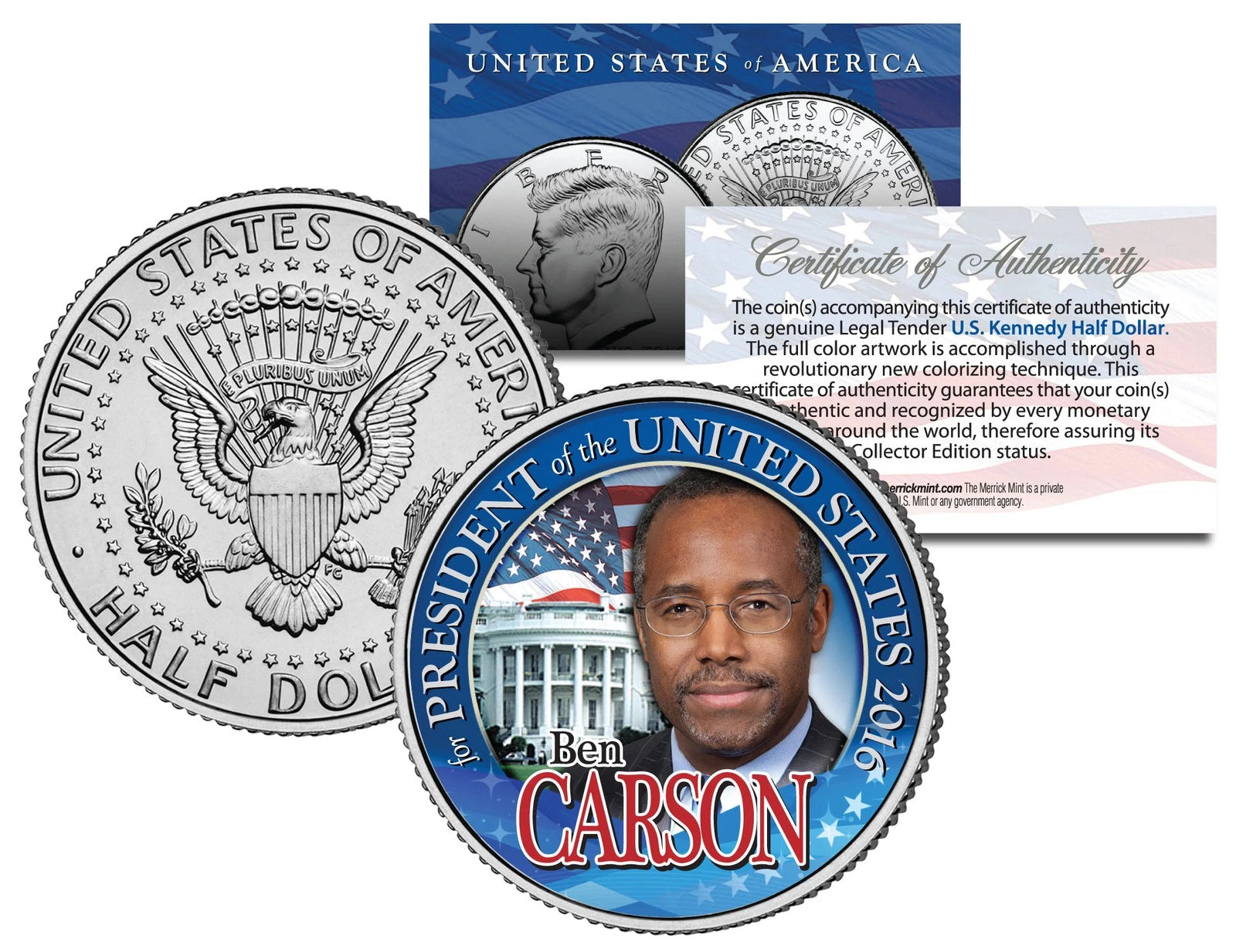 BEN CARSON FOR PRESIDENT 2016 Campaign Colorized JFK Half Dollar U.S. Coin-1