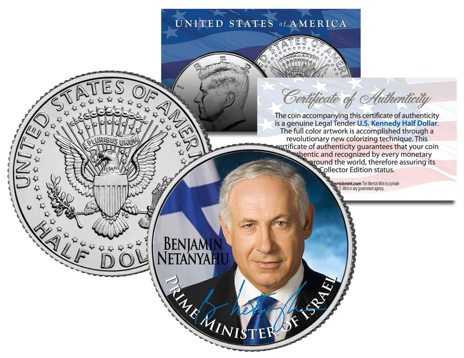BENJAMIN NETANYAHU * Israel Prime Minister * Colorized JFK Half Dollar U.S. Coin