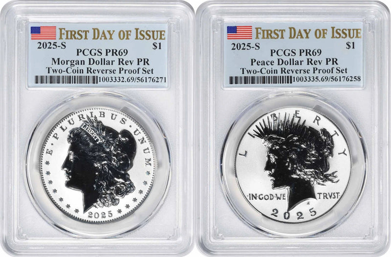 2025-S Morgan and Peace Silver Dollar 2-Coin Reverse Proof Set PR69 FDOI PCGS-1