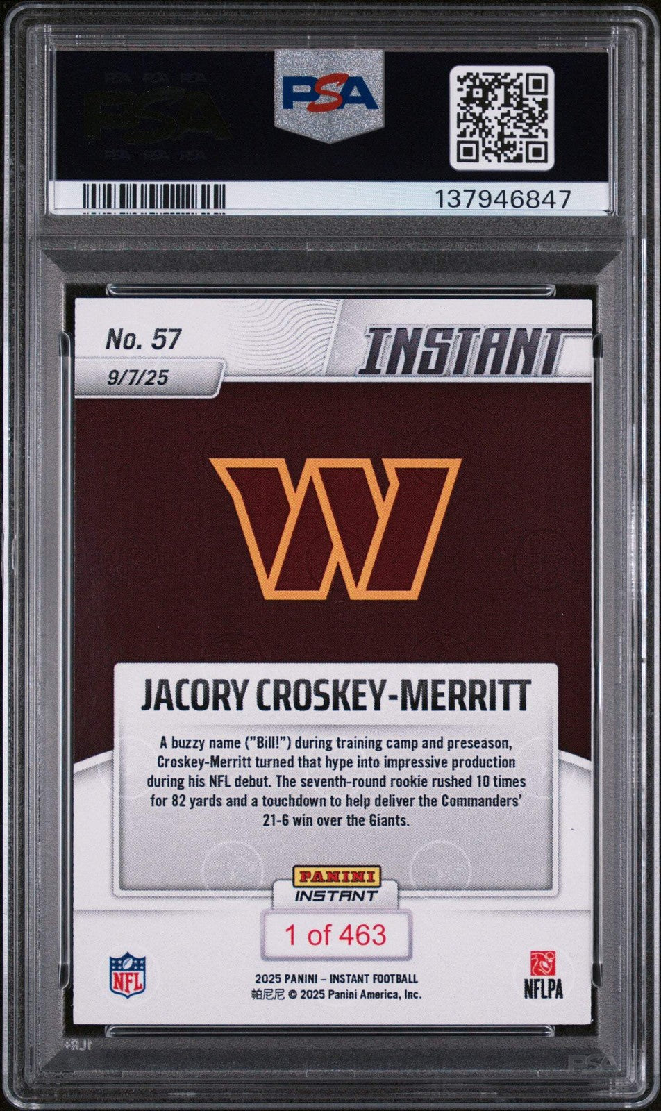 Graded 2025 Panini Instant Jacory Croskey-Merritt #57 RC Football Card PSA 10