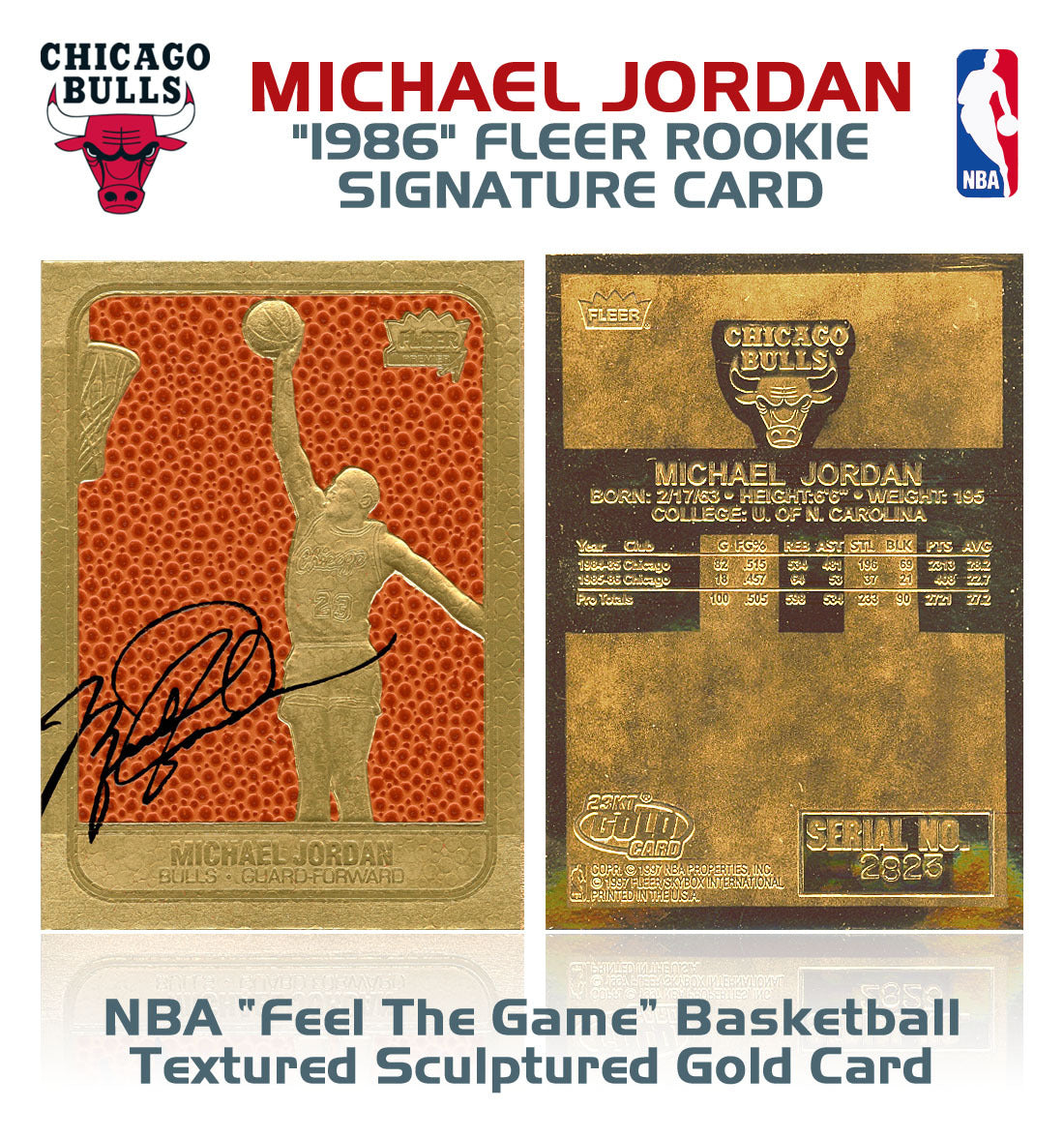 1996 MICHAEL JORDAN Fleer '86 ROOKIE Design NBA Feel The Game 23K GOLD Card MINT