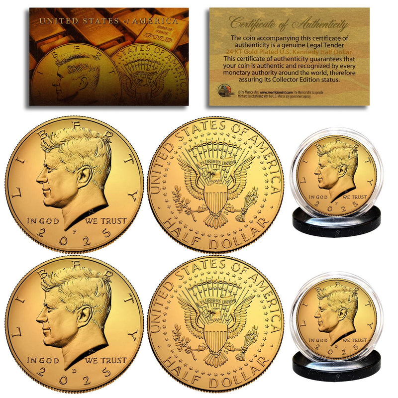 24K GOLD PLATED 2025 JFK Kennedy Half Dollar 2-Coin Set BOTH P&D MINT w/Capsules-2