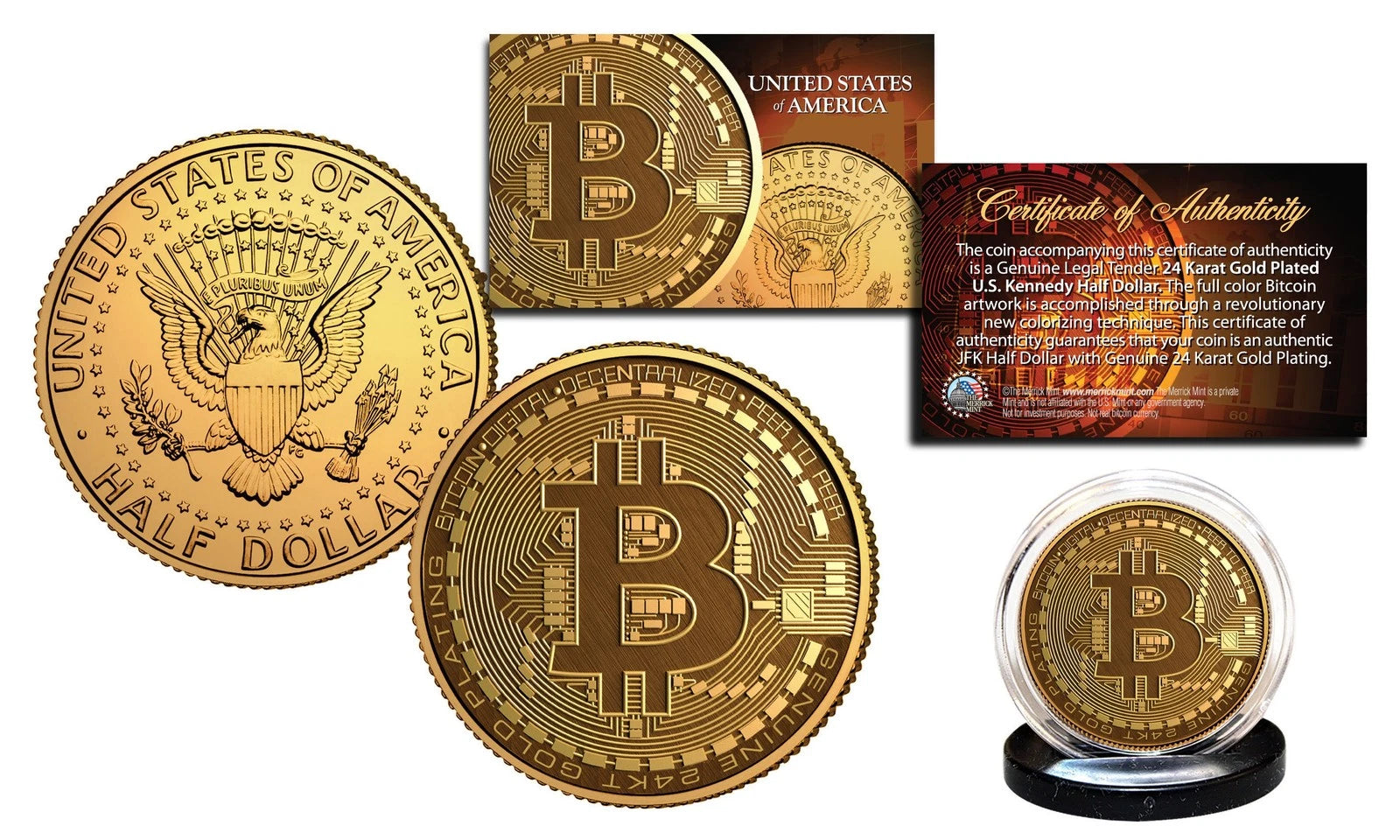 BITCOIN Physical Commemorative Crypto 24K Golden Clad JFK Half Dollar U.S. Coin