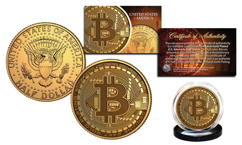 BITCOIN Physical Commemorative Crypto 24K Golden Clad JFK Half Dollar U.S. Coin-1