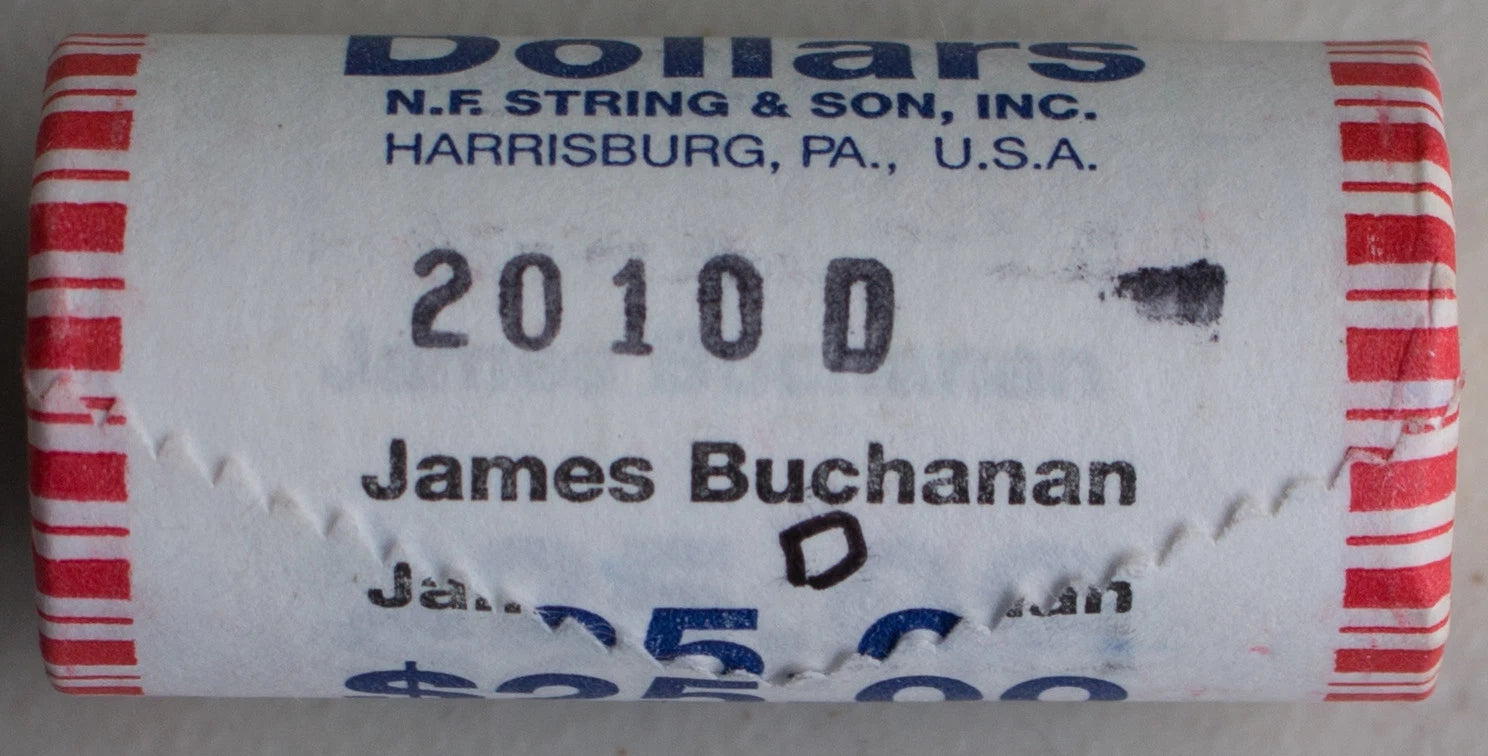 2010 D James Buchanan Uncirculated One Dollar 25 Golden Coin Roll $1-3