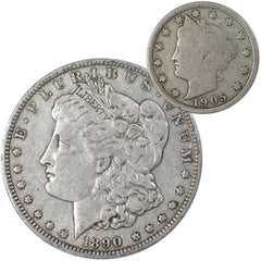 1890 O Morgan Dollar VF Very Fine 90% Silver with 1905 Liberty Nickel G Good-1