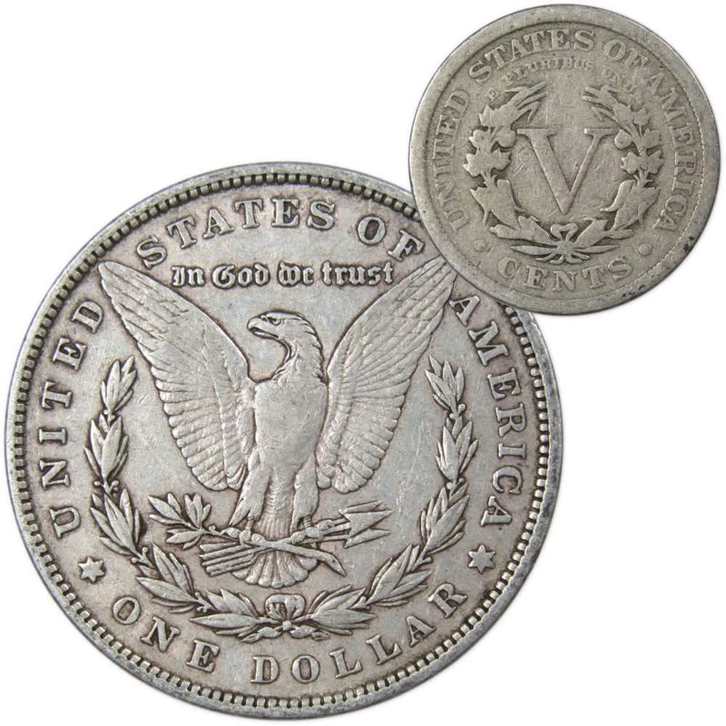 1879 Morgan Dollar VF Very Fine 90% Silver Coin with 1910 Liberty Nickel G Good-2