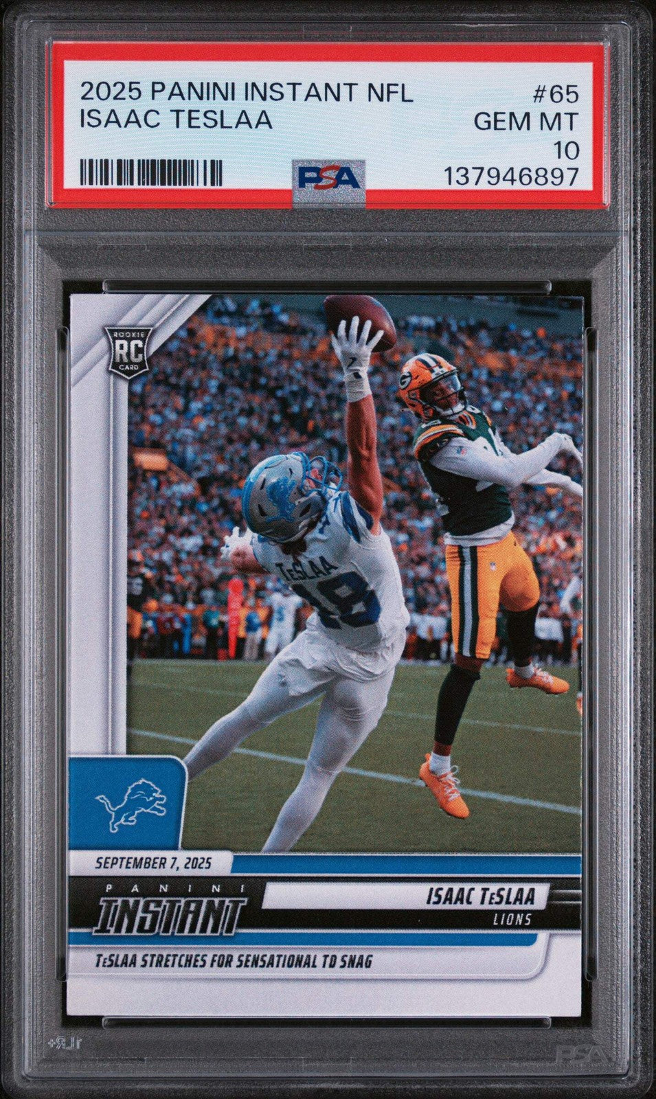 Graded 2025 Panini Instant Isaac Teslaa #65 Rookie Football Card PSA 10 Gem Mint