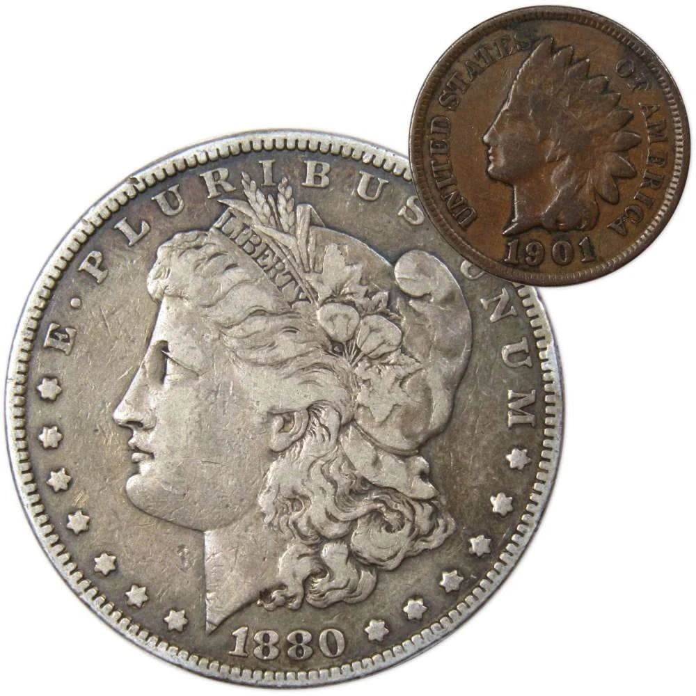 1880 Morgan Dollar F Fine 90% Silver Coin with 1901 Indian Head Cent G Good