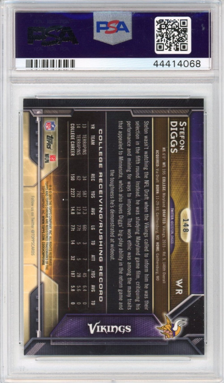 Graded 2015 Topps Chrome Stefon Diggs #148 Rookie RC Football Card PSA 10 Gem Mi-2