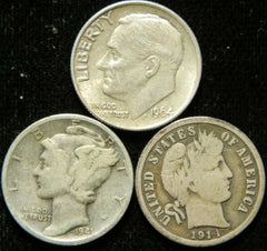 Lote de 3 monedas de diez centavos, Mercury Roosevelt Barber, lingote de plata al 90 % con certificado de plata-1