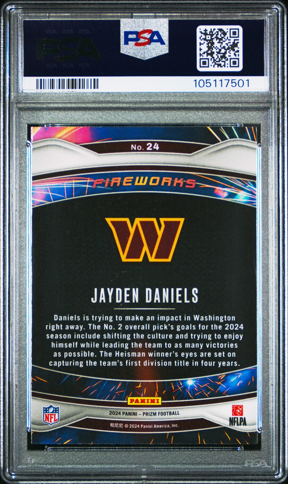 Graded 2024 Panini Prizm Jayden Daniels #24 Fireworks RC Football Card PSA 10