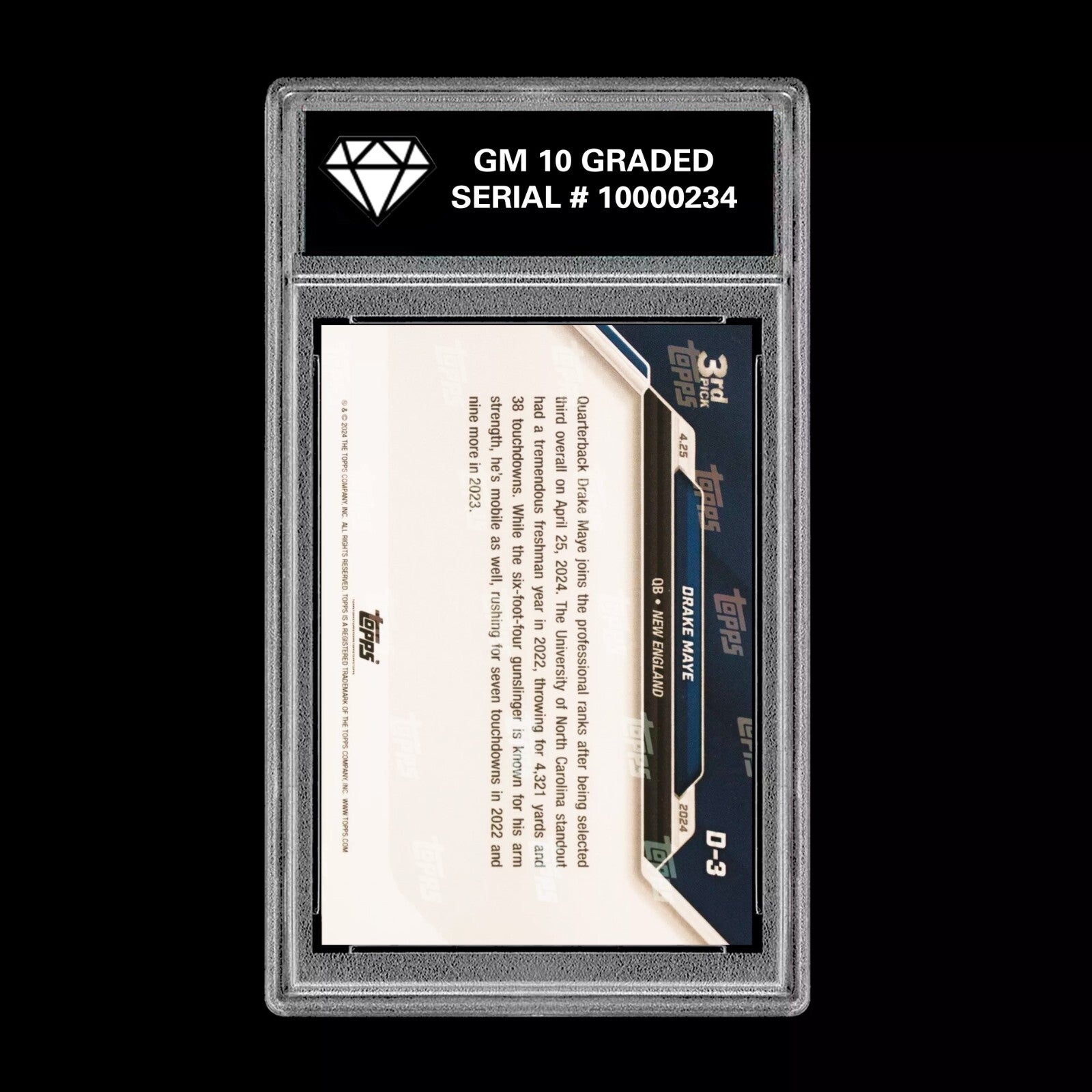 Graded 10 Drake Maye RC Rookie 2024 NFL Draft TOPPS NOW #D-3 3rd Pick Patriots