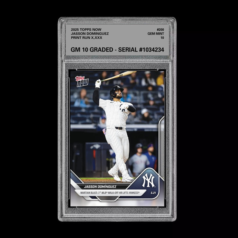 Graded 10 Jasson Dominguez 1st MLB Walk-Off 2025 MLB Topps NOW Card #200-1