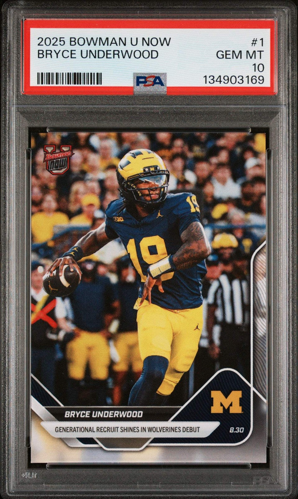 Graded 2025 Bowman U Now Bryce Underwood #1 Rookie RC Football Card PSA 10-1