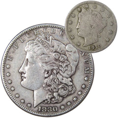 1880 S Morgan Dollar VF Very Fine 90% Silver with 1910 Liberty Nickel G Good-1