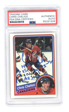 Chris Chelios 1984-85 O-Pee-Chee OPC Rookie Card RC w/ 4 Insc Signed PSA Auto-1