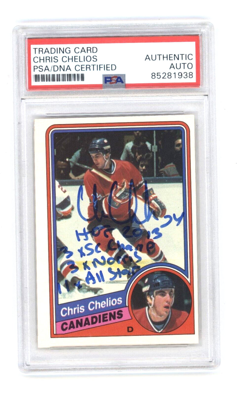Chris Chelios 1984-85 O-Pee-Chee OPC Rookie Card RC w/ 4 Insc Signed PSA Auto-1