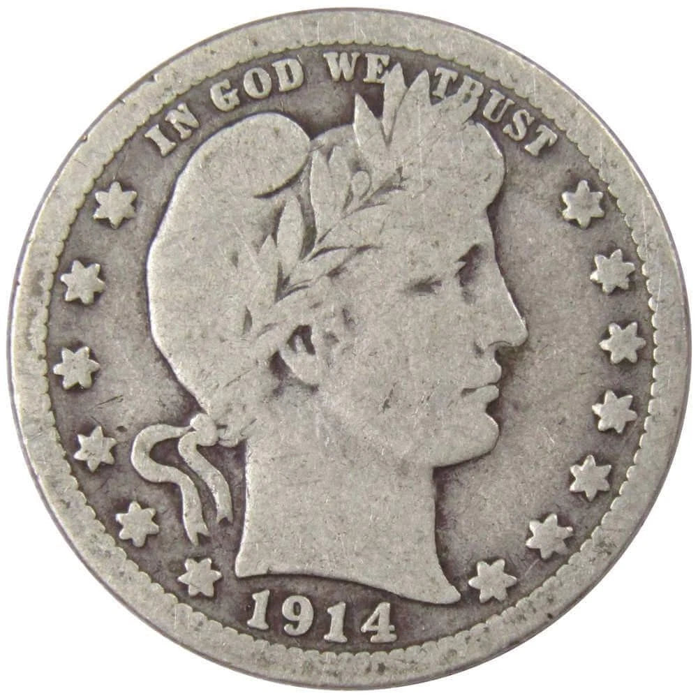 1914 Barber Quarter G Good 90% Silver 25c US Type Coin Collectible-1