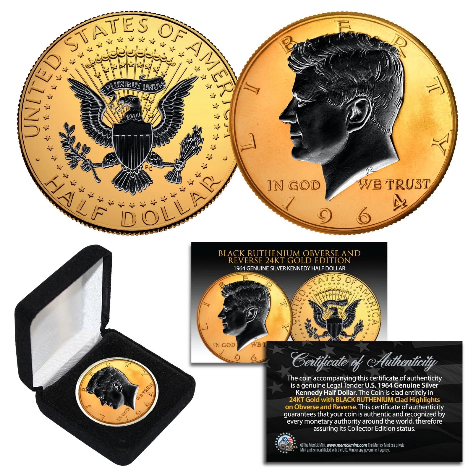 1964 BU Silver JFK Half Dollar 2-Sided 24K GOLD & Black Ruthenium Highlights BOX