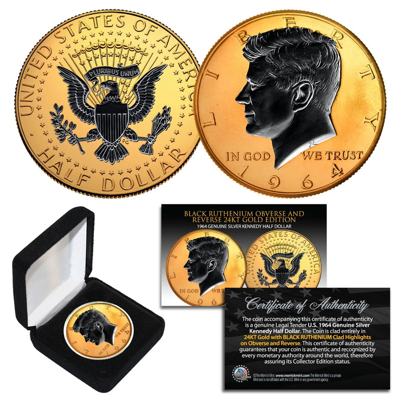 1964 BU Silver JFK Half Dollar 2-Sided 24K GOLD & Black Ruthenium Highlights BOX-2