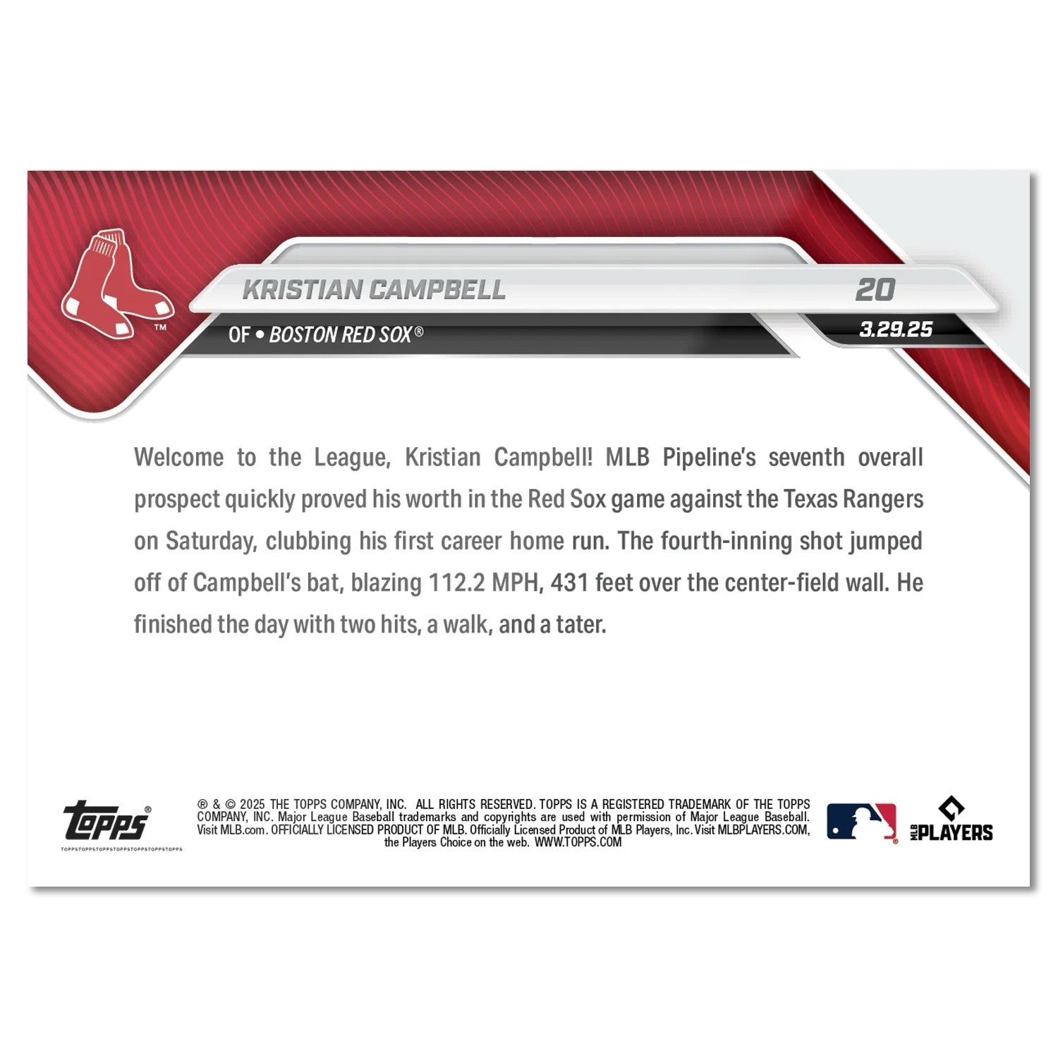 Graded 10 Kristian Campbell RC Rookie Red Sox HR 2025 MLB Topps NOW #20-3