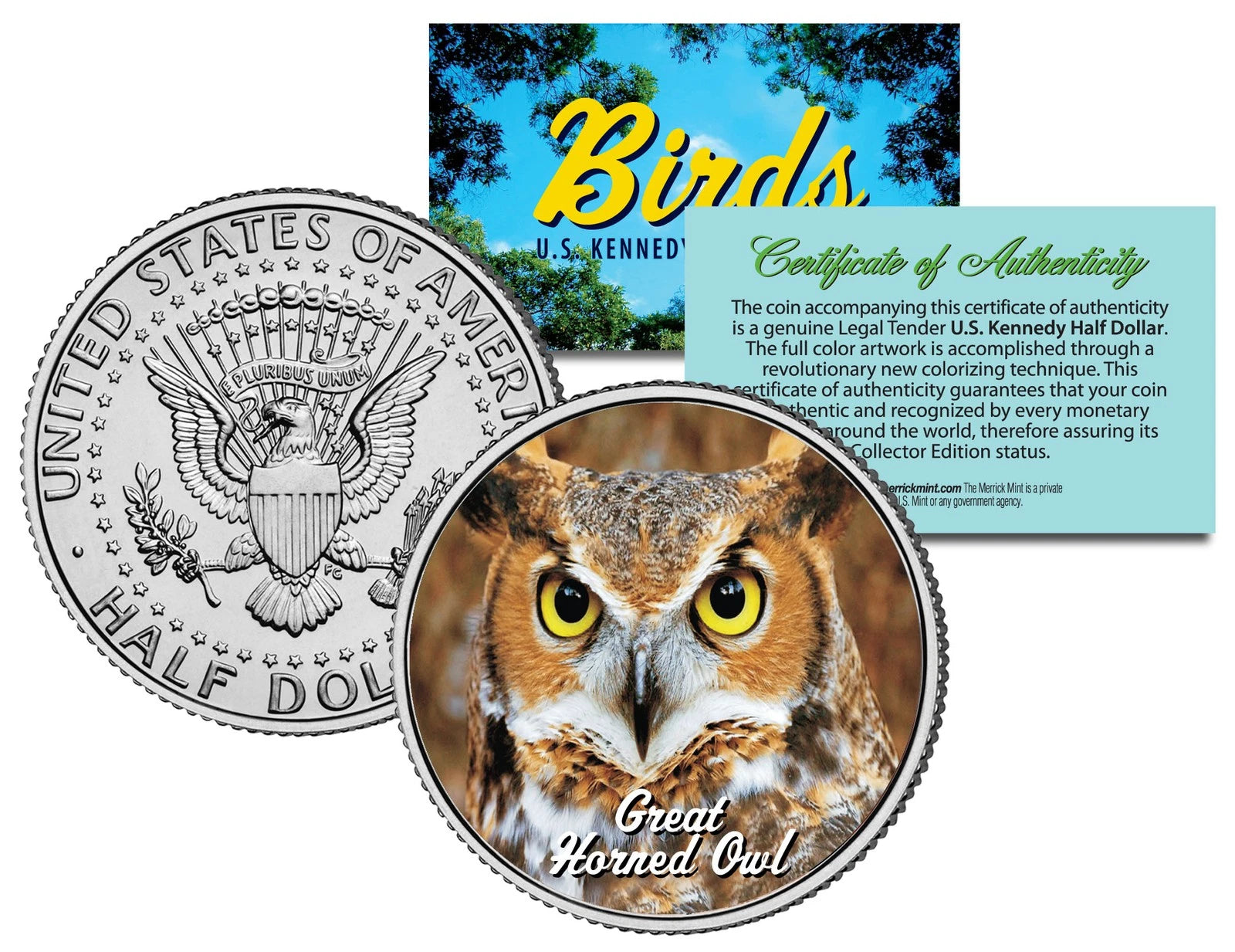 GREAT HORNED OWL BIRD JFK Kennedy Half Dollar US Colorized Coin-1