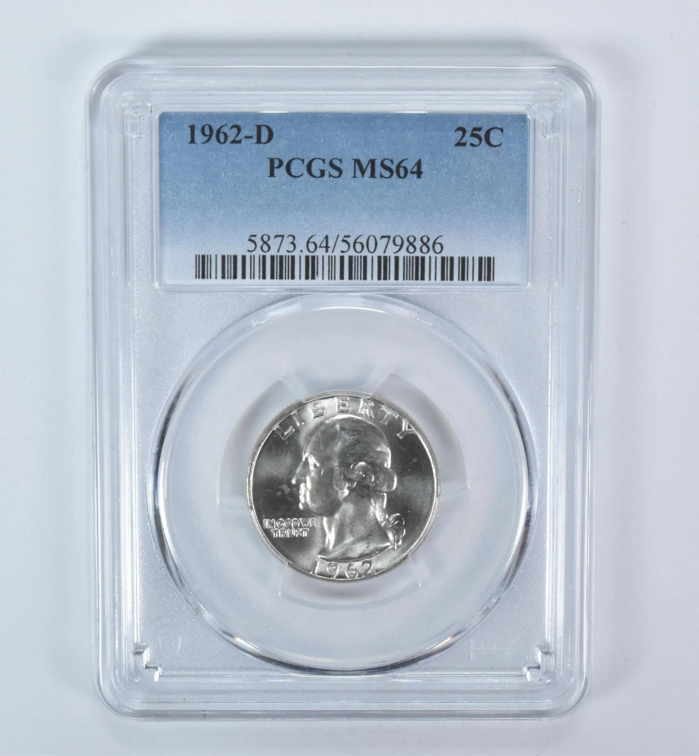 Moneda de 25 centavos Washington MS64 PCGS Etiqueta Azul 1962-D-4