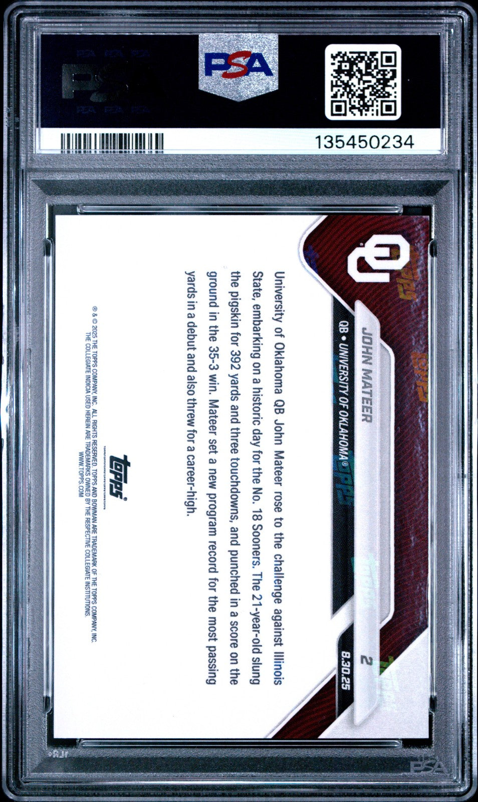 PSA 10 John Mateer RC Rookie Topps #2 2025 Bowman U Now