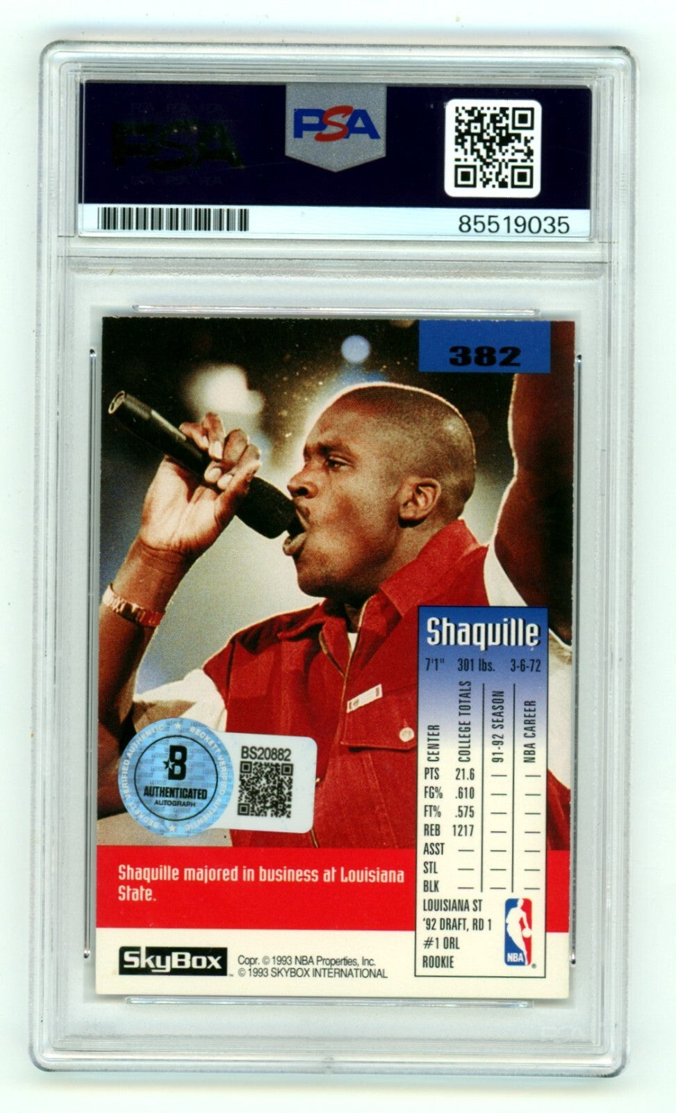 Shaquille O'Neal 1992-93 Skybox #382 Rookie RC Signed PSA 10 Auto BAS Magic Shaq-2