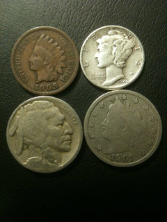 Old US Silver 4 Coin Lot Buffalo V Nickels Indian Cent Mercury Iconic Estate Set-2
