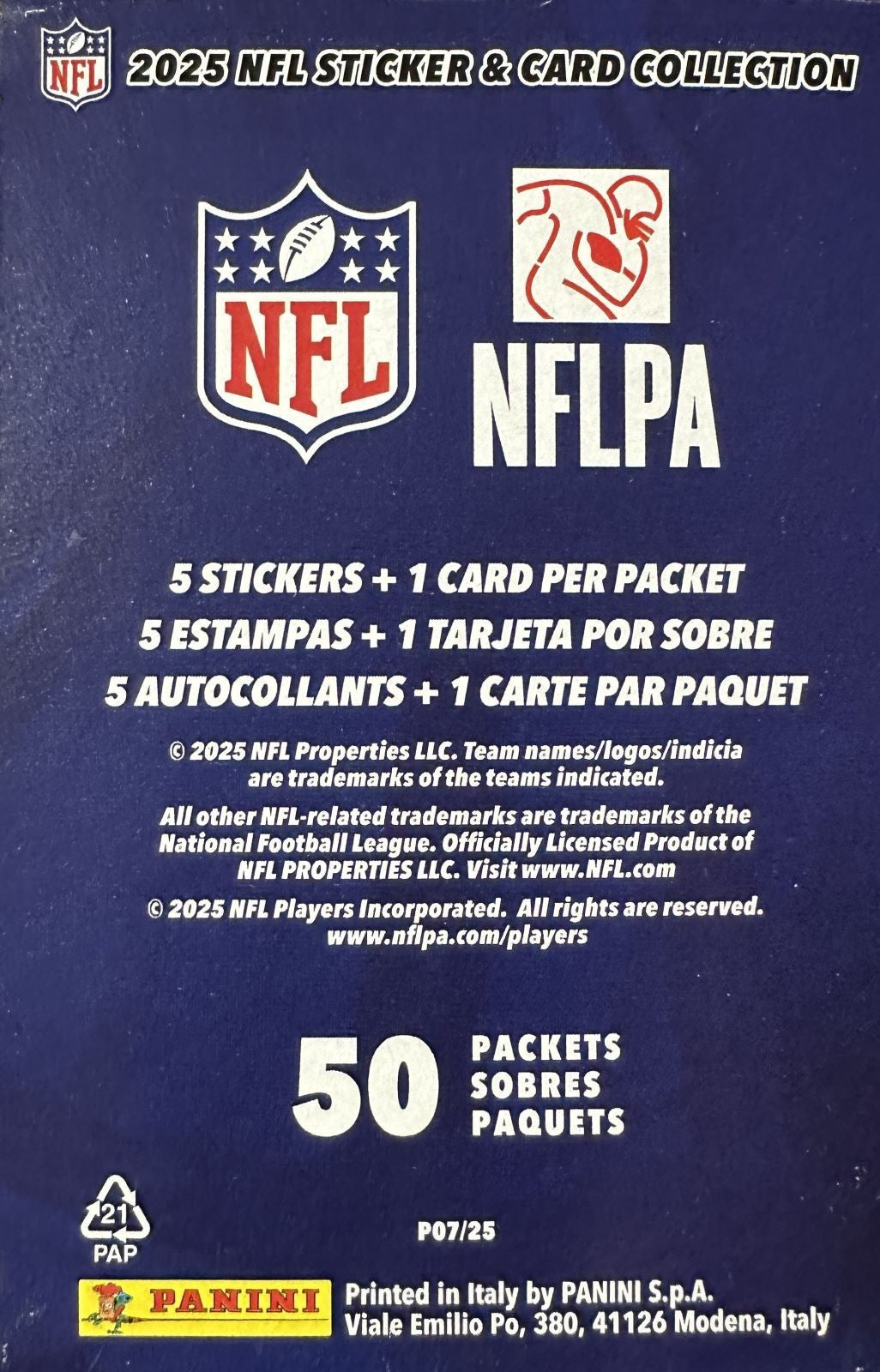 2025 Panini NFL Football Sticker Collection Box 50 Packs 250 Stickers 50 Cards-2
