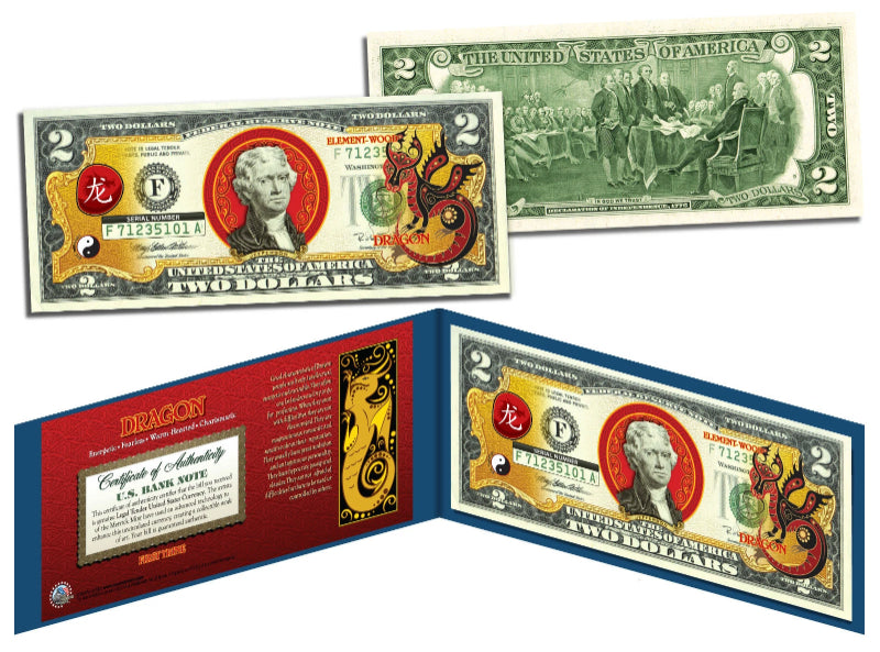 Zodíaco chino * AÑO DEL DRAGÓN * Billete de 2 dólares coloreado Dinero de la suerte de EE. UU. Nuevo Lunar-1