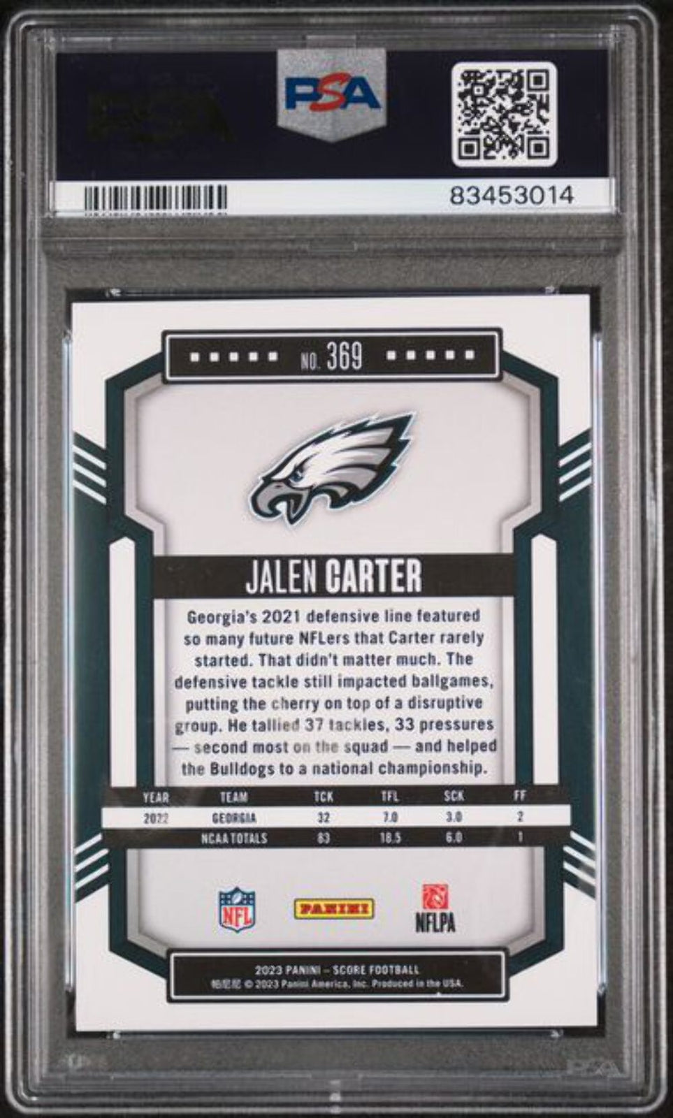 Graded 2023 Panini Score Jalen Carter #369 Gold Zone Rookie Football Card PSA 10-2