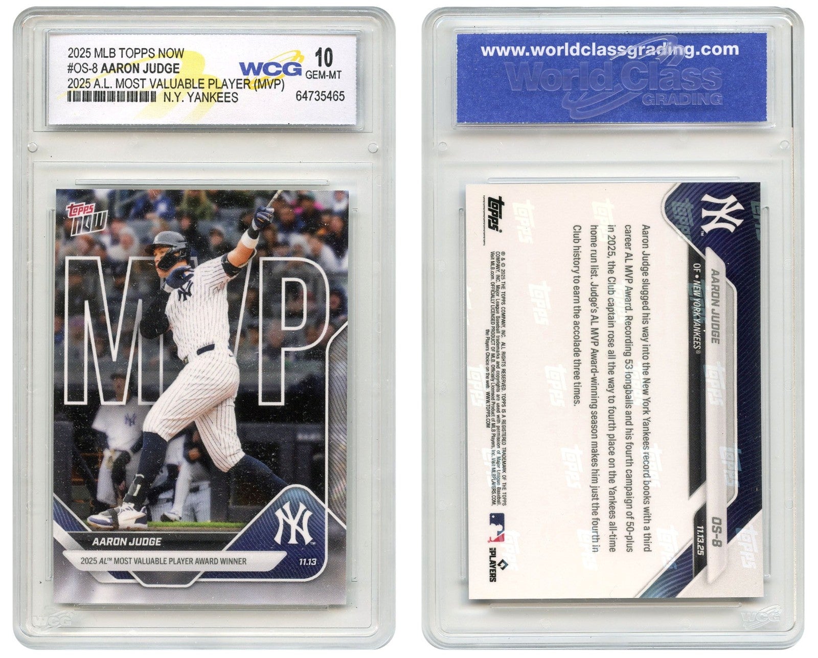 2025 MLB Topps Now AARON JUDGE MVP Card #OS-8 A.L. MVP - Certified GEM MINT 10-1