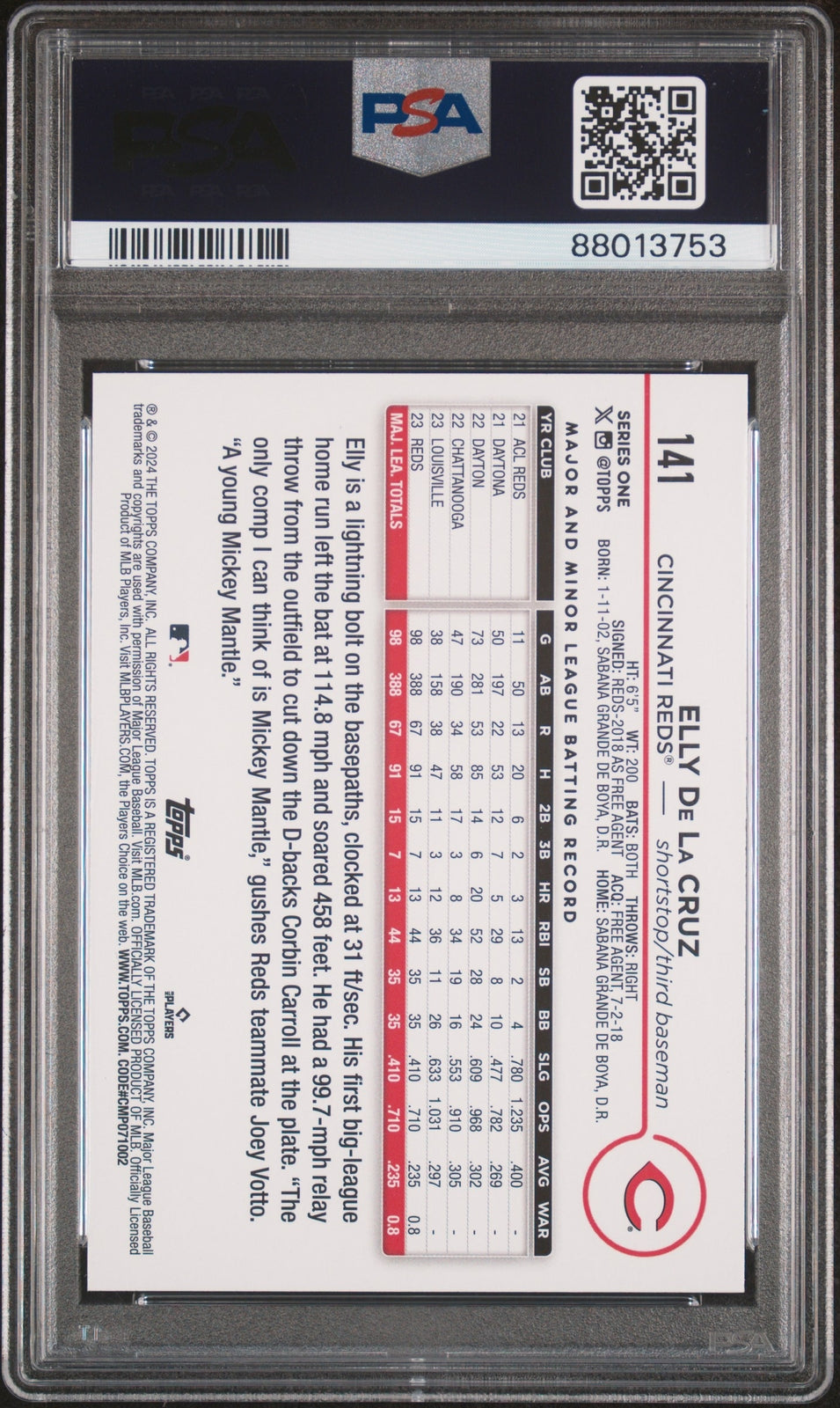 PSA 9 Elly De La Cruz RC Rookie #141 2024 Topps Series 1 Baseball Card