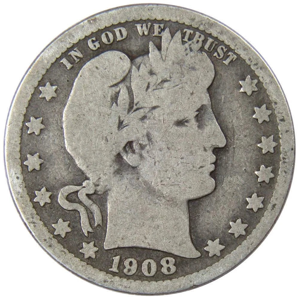 1908 Barber Quarter Circulated Silver 25c Coin Collectible