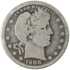 1908 Barber Quarter Circulated Silver 25c Coin Collectible-1