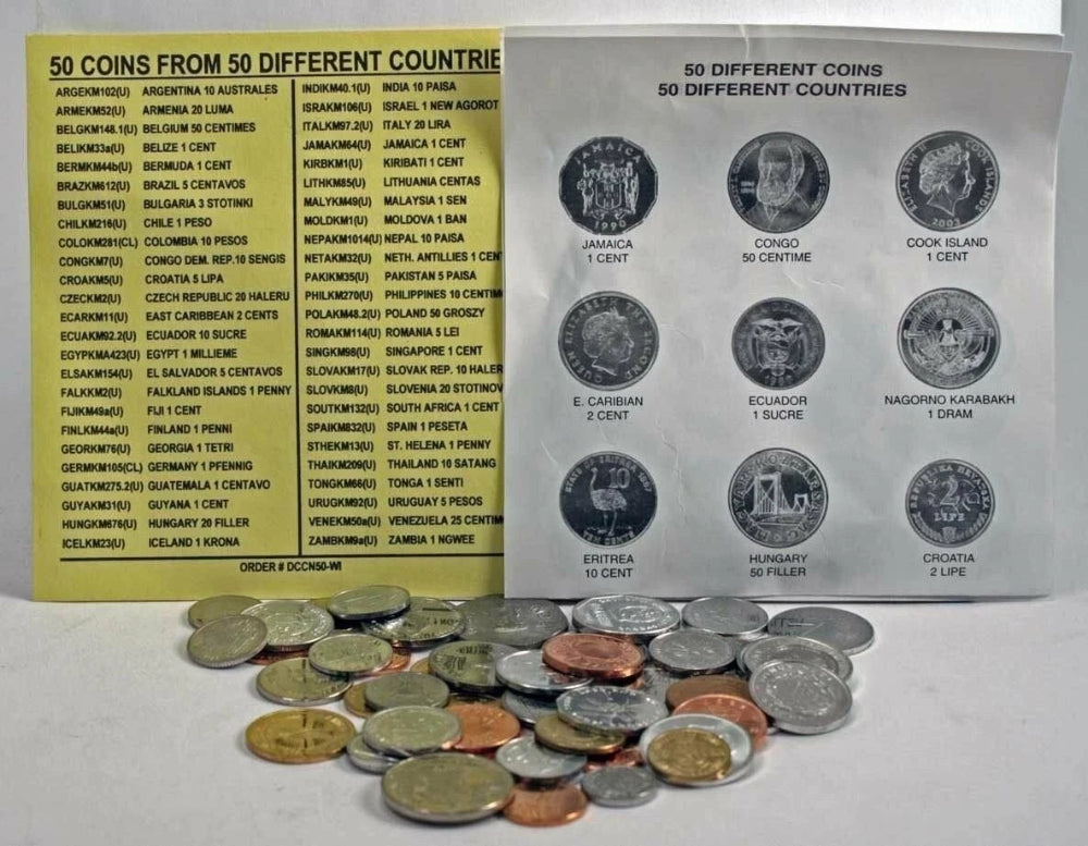 50 World Foreign Coins from 50 Different Countries and 25 Dif World Banknotes