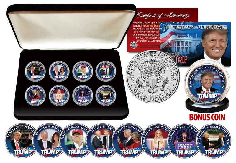 DONALD TRUMP President JFK Half Dollars ULTIMATE 8-COIN SET w/ BOX & Bonus Coin-2