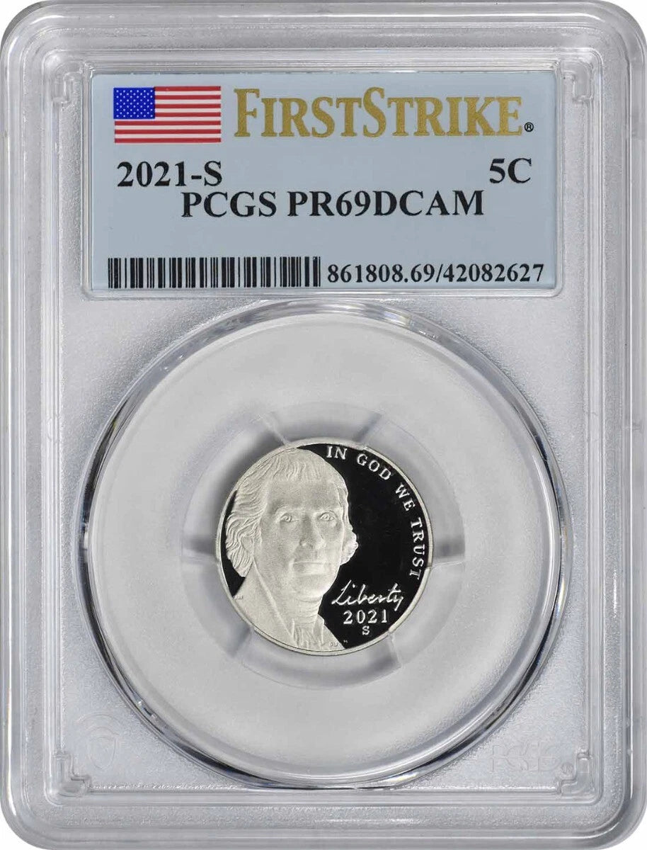 Moneda de níquel Jefferson 2021-S PR69DCAM de primer golpe PCGS-1