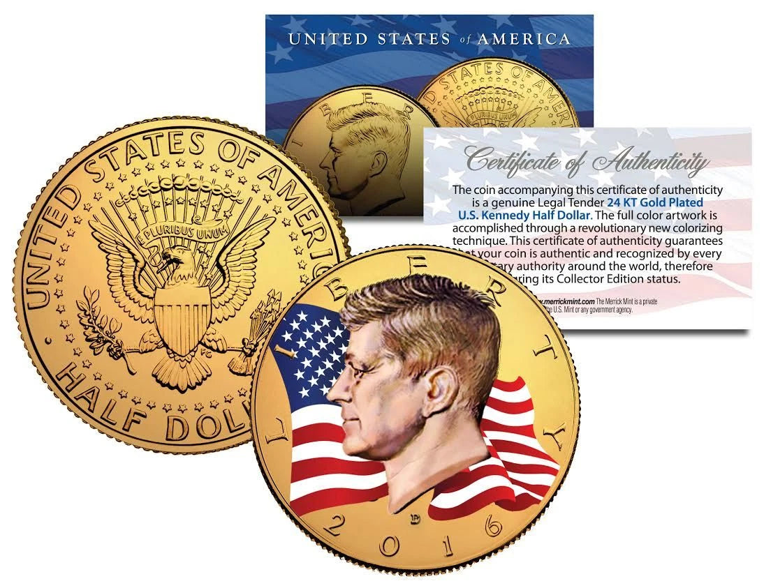2016 WAVING FLAG JFK John F Kennedy Half Dollar US Coin 24K GOLD Plated (D-MINT)