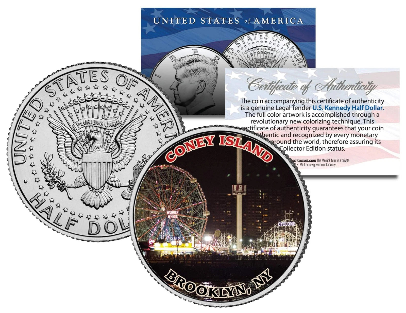 CONEY ISLAND * NOCTURNO * Moneda coloreada de medio dólar de JFK Kennedy de EE. UU. BROOKLYN, NY