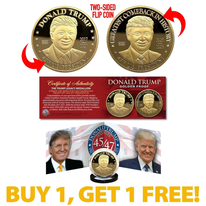 TRUMP 45th 47th President Legacy 1 OZ Golden Tribute Dual Flip Coin BOGO-2