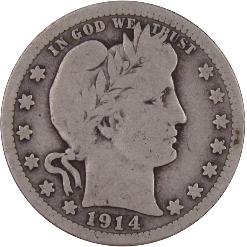 1914 Barber Quarter VG Very Good 90% Silver 25c US Type Coin Collectible