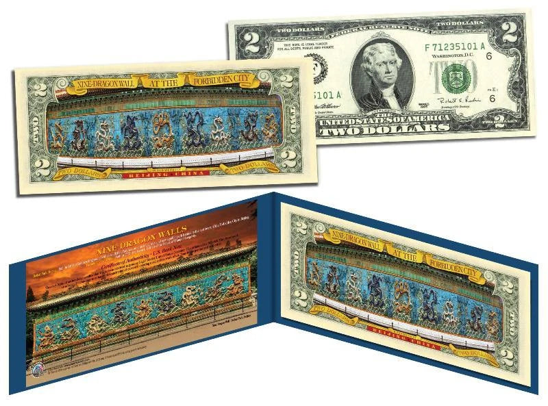 NINE DRAGON WALL at the FORBIDDEN CITY Colorized US $2 Bill Beijing China Lucky