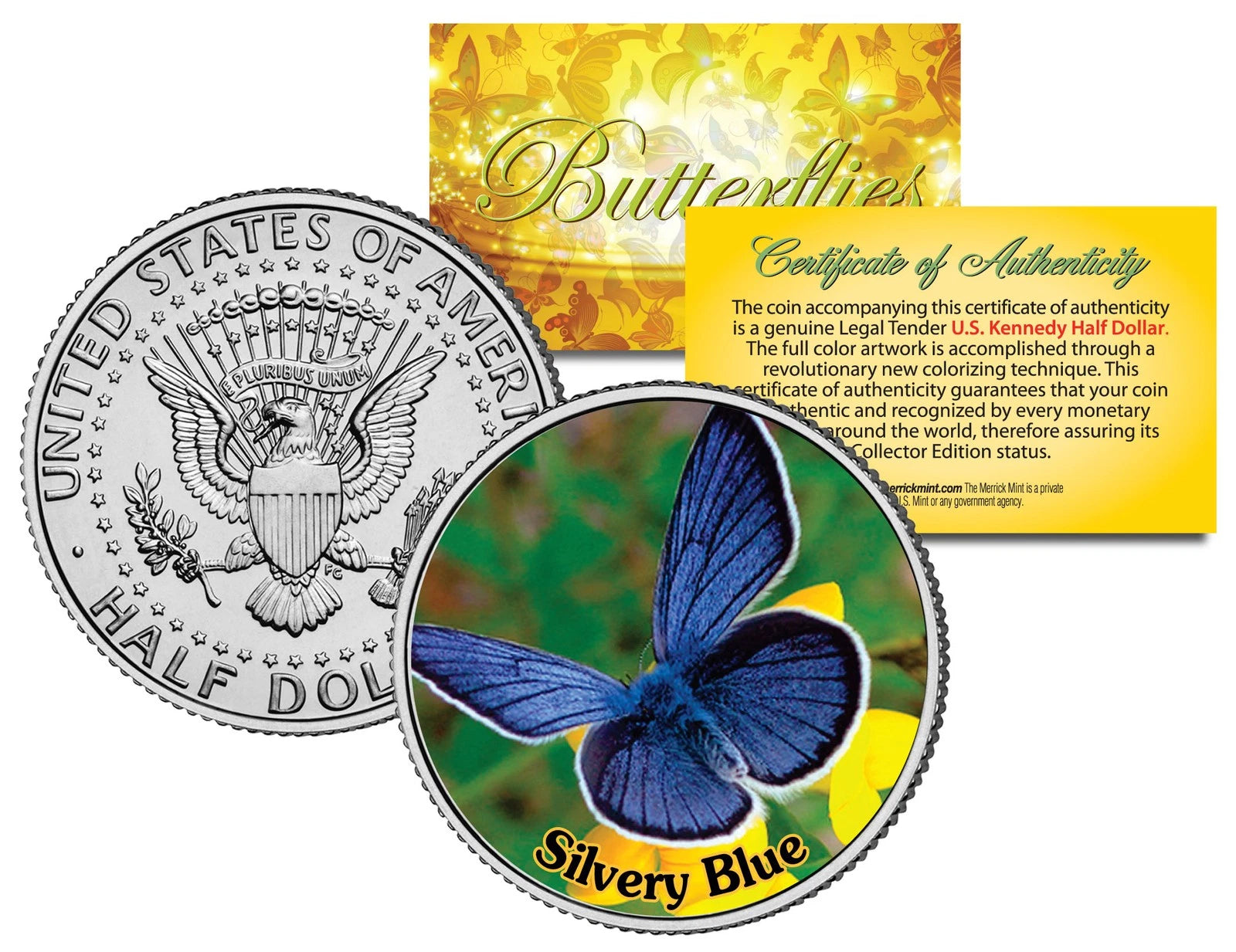 SILVERY BLUE BUTTERFLY JFK Kennedy Half Dollar US Colorized Coin