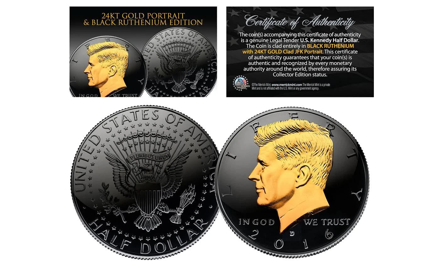 BLACKOUT EDITION 2016 JFK Half Dollar Coin BLACK RUTHENIUM w/ 24K Gold (D MINT)